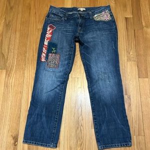 CAbi | Patchwork Boyfriend crop denim jeans Women’s size 6 embroidered loose